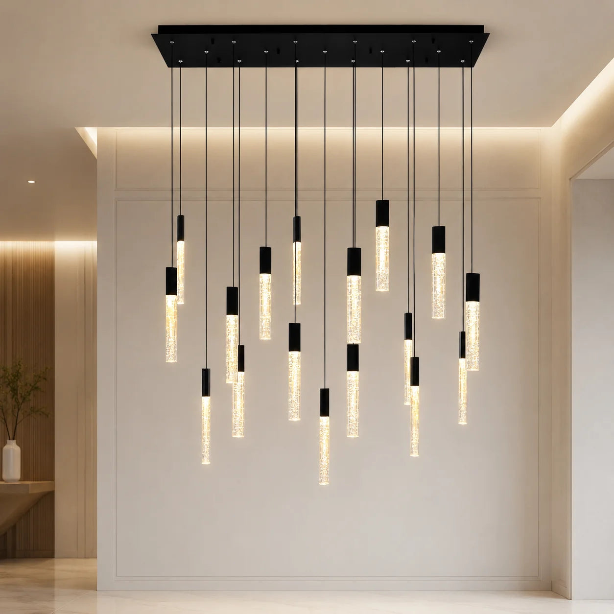 Greta Integrated LED 48in Black Chandelier with Handcrafted Glass